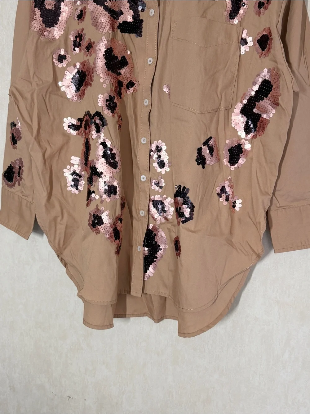 Maeve by Anthropologie The Bennet Buttondown Shirt Oversized Sequin Leopard LP